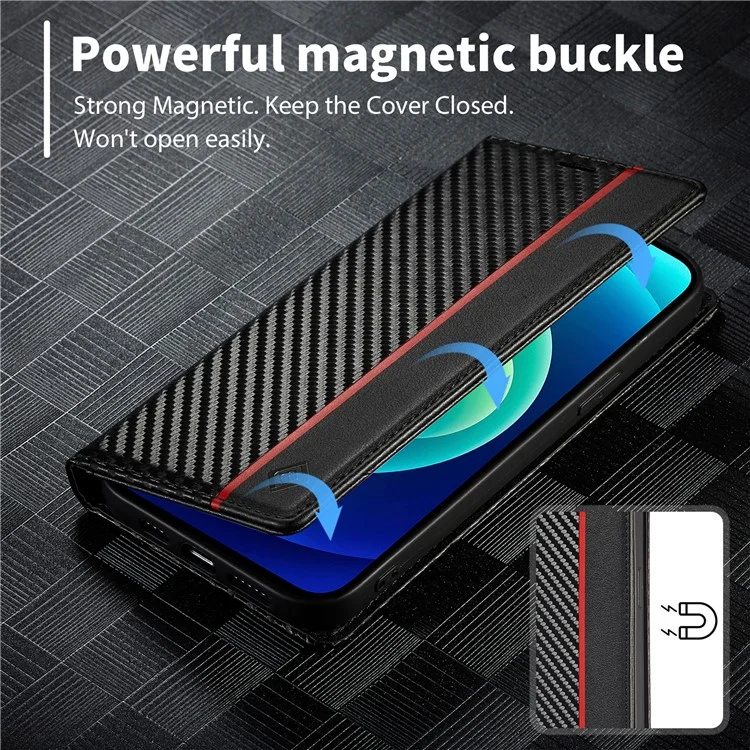 LC.IMEEKE Pour iPhone 15 Pro Max Étui de protection en cuir avec support - Motif fibre de carbone Texture Portefeuille Étui de téléphone - Rayure verticale