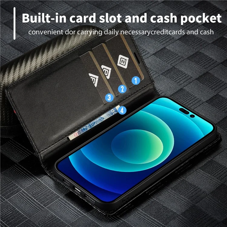 LC.IMEEKE For iPhone 15 Pro Carbon Fiber Texture Stand Cover Wallet Phone Leather Case - Vertical Stripe