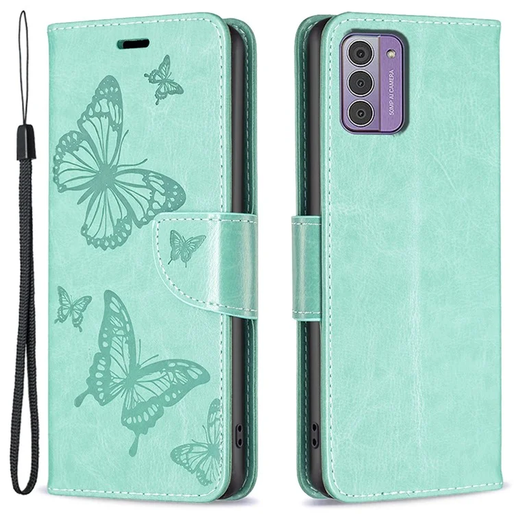 Pour Nokia G42 / G310 Butterfly Imprinted Phone Case Leather Stand Wallet Cover with Strap - Green