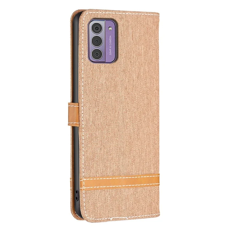 Pour Nokia G42 / G310 Jeans Cloth Splicing PU Leather Phone Cover Flip Wallet Stand Anti-drop Case - Brown