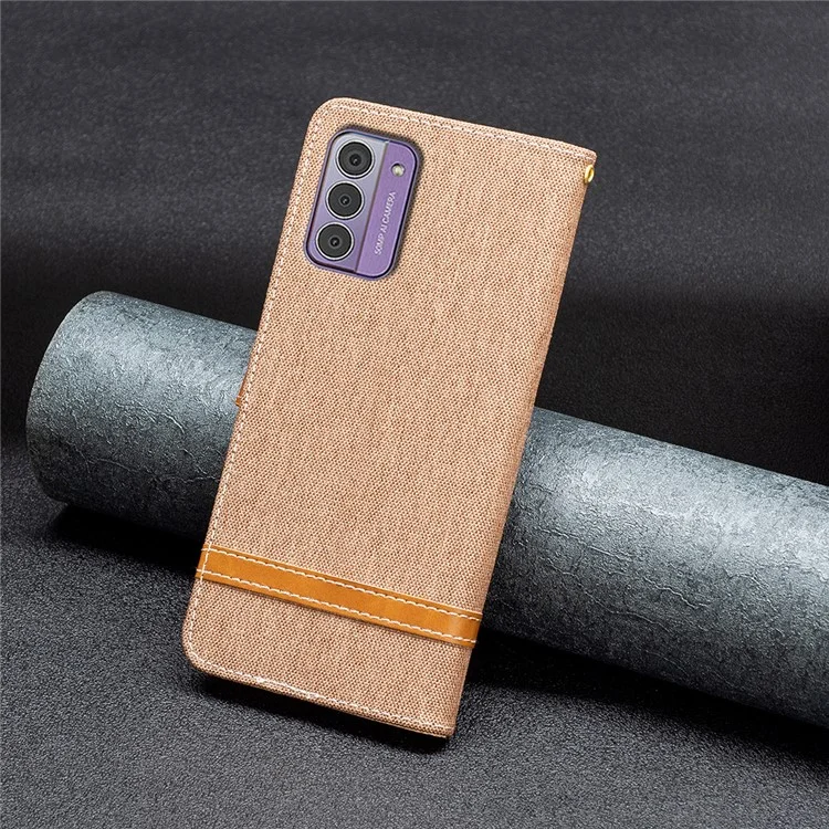 Pour Nokia G42 / G310 Jeans Cloth Splicing PU Leather Phone Cover Flip Wallet Stand Anti-drop Case - Brown
