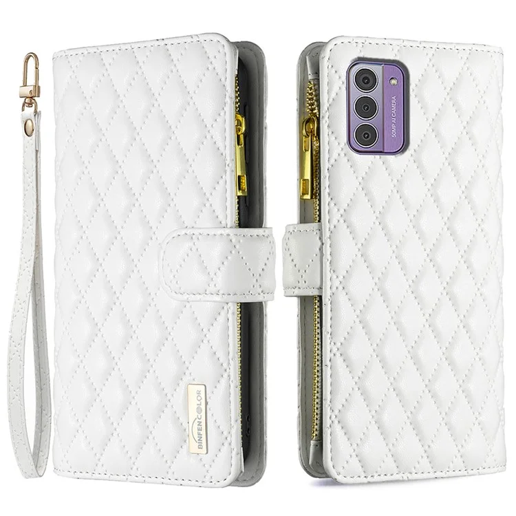 BINFEN COLOR BF Estilo-15 para Nokia G42 / G310 Funda de Piel con Bolsillo con Cremallera, Tapa Plegable y Soporte - Blanco