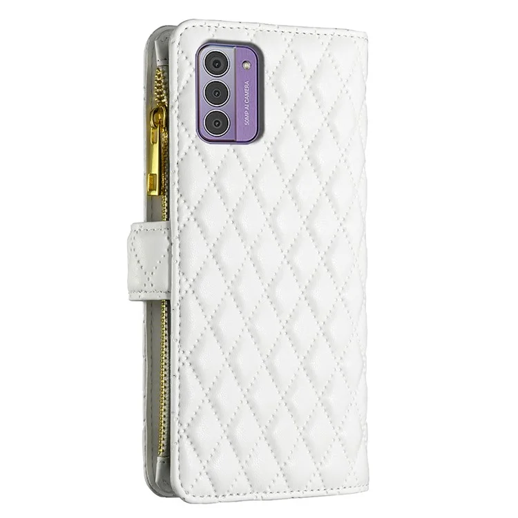 BINFEN COLOR BF Estilo-15 para Nokia G42 / G310 Funda de Piel con Bolsillo con Cremallera, Tapa Plegable y Soporte - Blanco