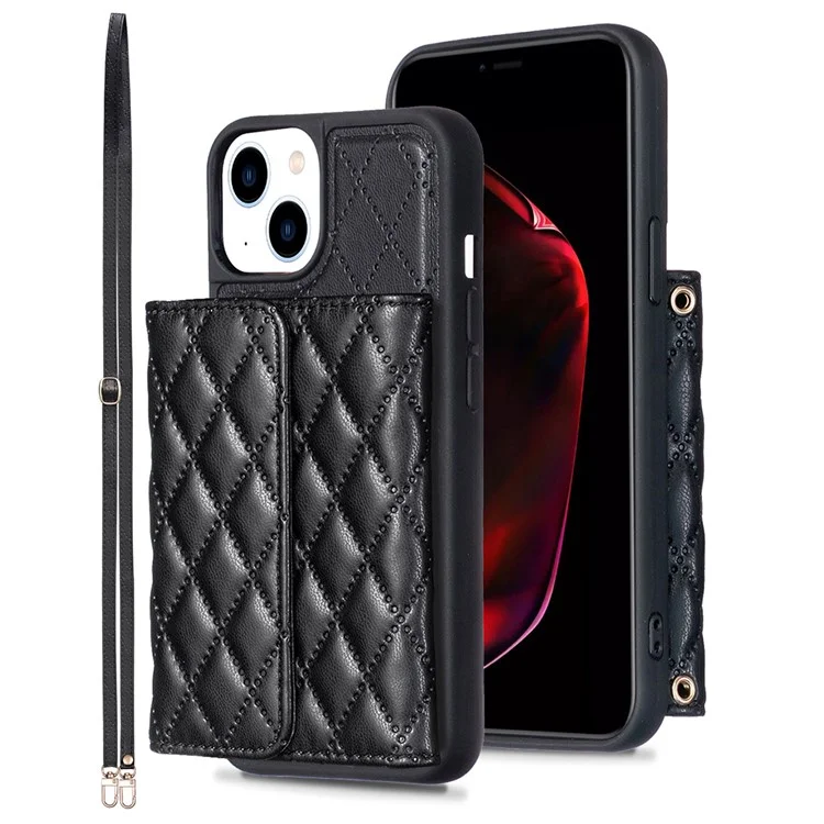 For iPhone 15 Horizontal Design Card Slots Phone Case PU Leather Coated TPU Kickstand Protective Cover - Black