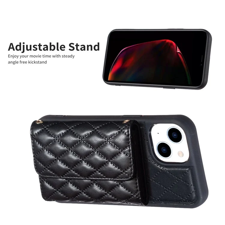 For iPhone 15 Horizontal Design Card Slots Phone Case PU Leather Coated TPU Kickstand Protective Cover - Black