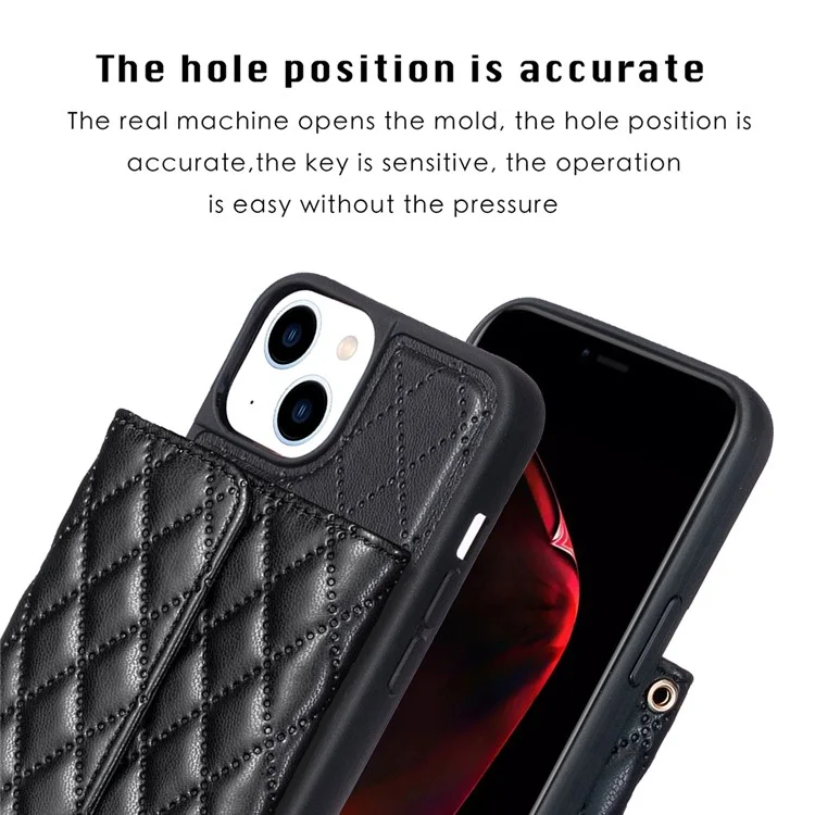 For iPhone 15 Horizontal Design Card Slots Phone Case PU Leather Coated TPU Kickstand Protective Cover - Black