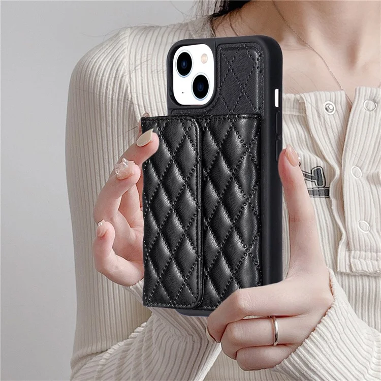 For iPhone 15 Plus Horizontal Card Slots Phone Case Anti-drop PU Leather Coated TPU Kickstand Cover - Black