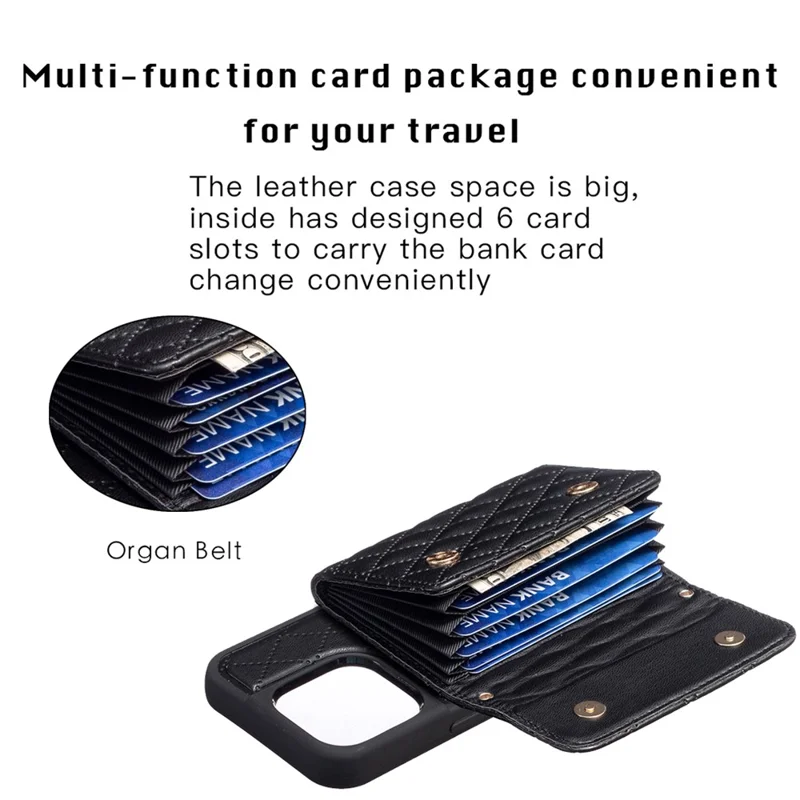 For iPhone 15 Pro Horizontal Card Slots Phone Case PU Leather Coated TPU Kickstand Fall-proof Cover - Black