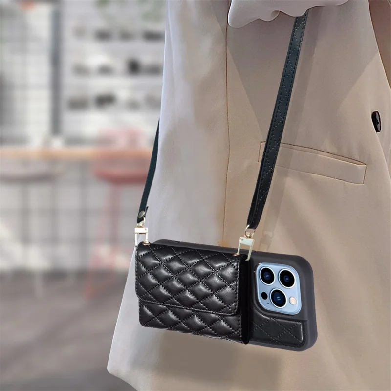 For iPhone 15 Pro Horizontal Card Slots Phone Case PU Leather Coated TPU Kickstand Fall-proof Cover - Black