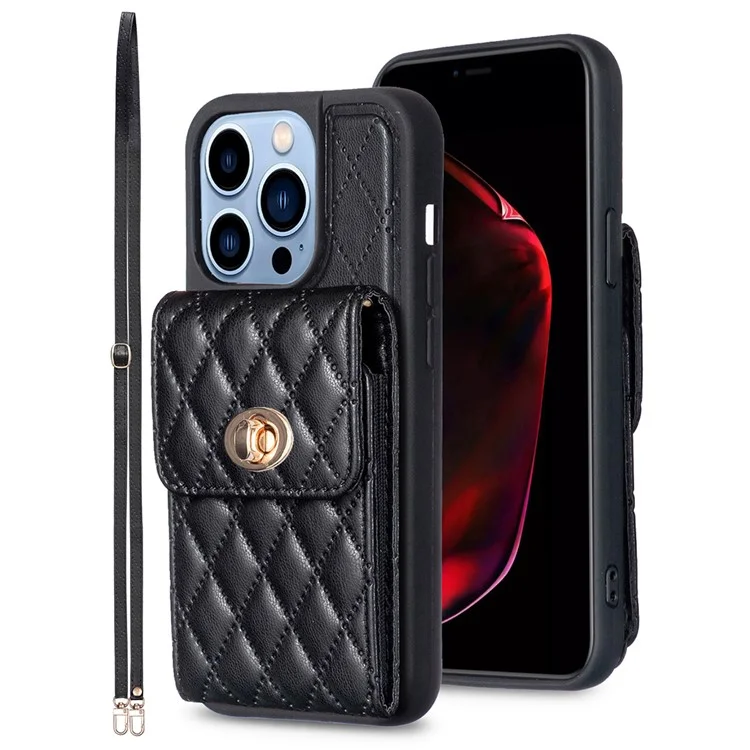 Для iPhone 15 Pro Max PU Leather Coated TPU Shockproof Phone Cover Card Holder Case with Shoulder Strap - Black