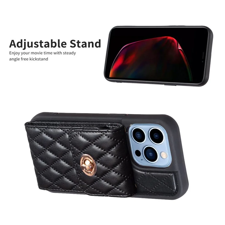 Для iPhone 15 Pro Max PU Leather Coated TPU Shockproof Phone Cover Card Holder Case with Shoulder Strap - Black