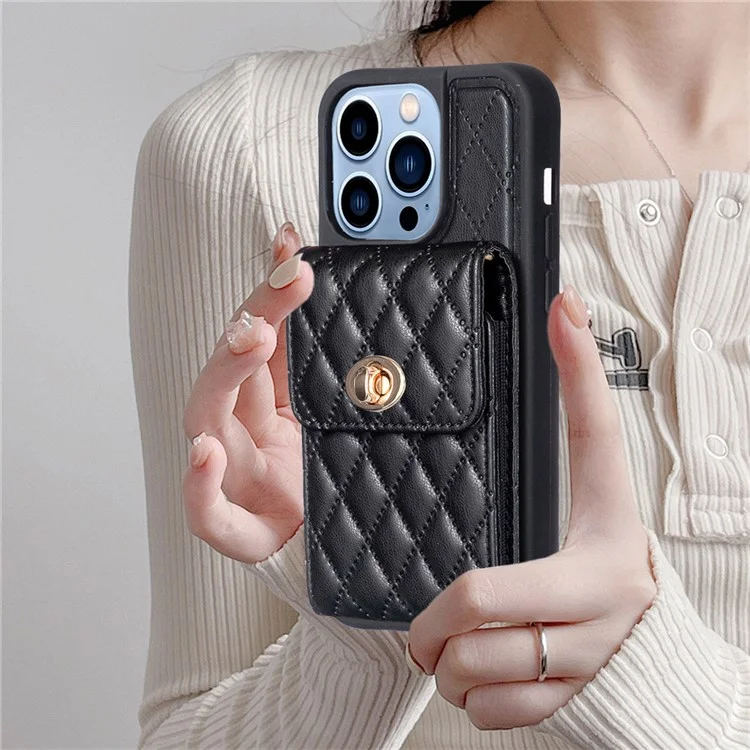 Для iPhone 15 Pro Max PU Leather Coated TPU Shockproof Phone Cover Card Holder Case with Shoulder Strap - Black