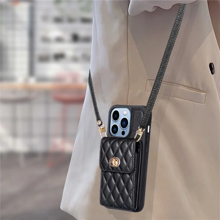 Для iPhone 15 Pro Max PU Leather Coated TPU Shockproof Phone Cover Card Holder Case with Shoulder Strap - Black