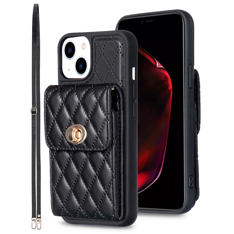 Для iPhone 15 Plus PU Leather Coated TPU Phone Cover Card Holder Back Guard Case with Shoulder Strap - Black