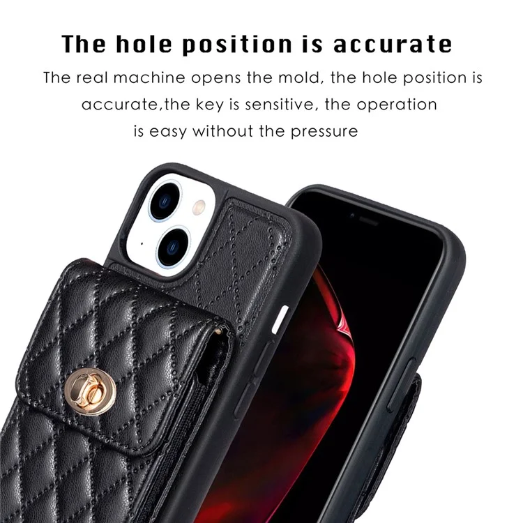 Для iPhone 15 Plus PU Leather Coated TPU Phone Cover Card Holder Back Guard Case with Shoulder Strap - Black