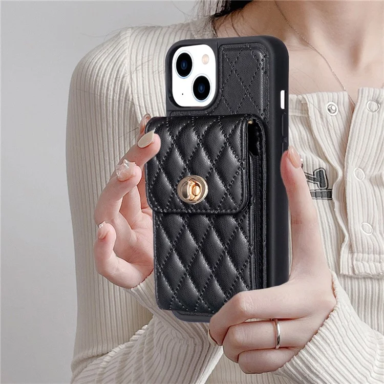 Для iPhone 15 Plus PU Leather Coated TPU Phone Cover Card Holder Back Guard Case with Shoulder Strap - Black