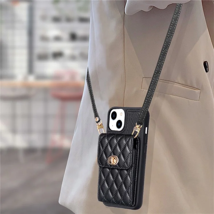 Для iPhone 15 Plus PU Leather Coated TPU Phone Cover Card Holder Back Guard Case with Shoulder Strap - Black