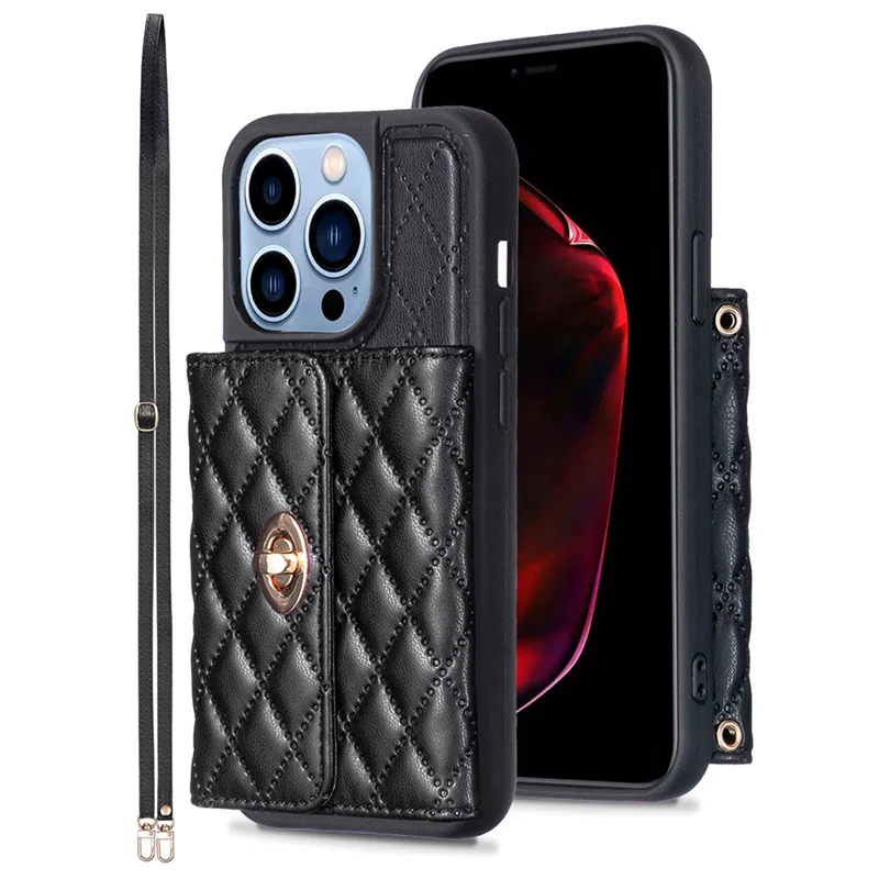 For iPhone 15 Pro PU Leather+TPU Pattern Imprinted Case Card Holder Kickstand Phone Cover - Black