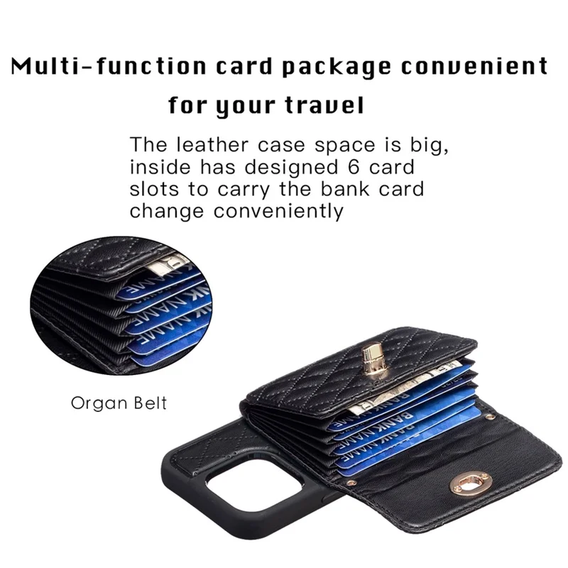 For iPhone 15 Pro PU Leather+TPU Pattern Imprinted Case Card Holder Kickstand Phone Cover - Black