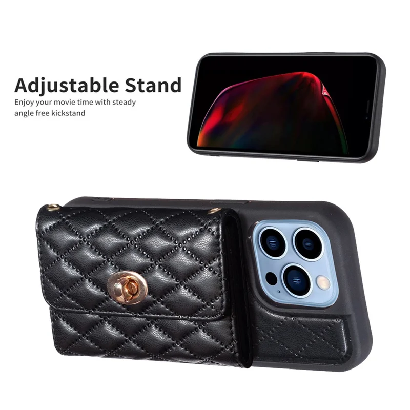 For iPhone 15 Pro PU Leather+TPU Pattern Imprinted Case Card Holder Kickstand Phone Cover - Black