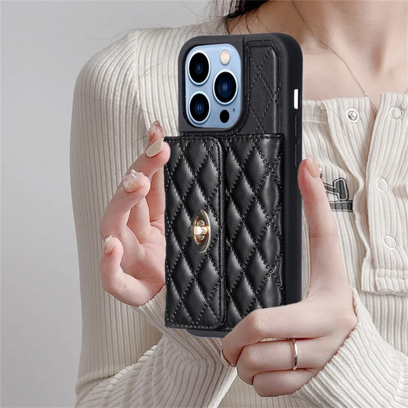 For iPhone 15 Pro PU Leather+TPU Pattern Imprinted Case Card Holder Kickstand Phone Cover - Black