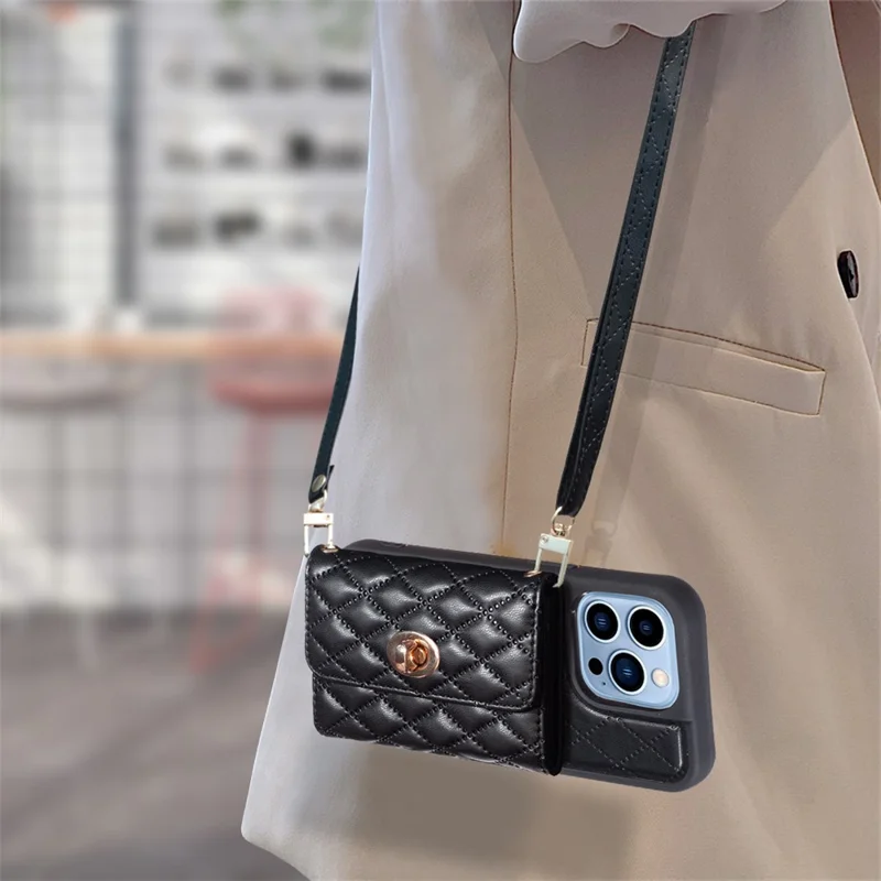 For iPhone 15 Pro PU Leather+TPU Pattern Imprinted Case Card Holder Kickstand Phone Cover - Black