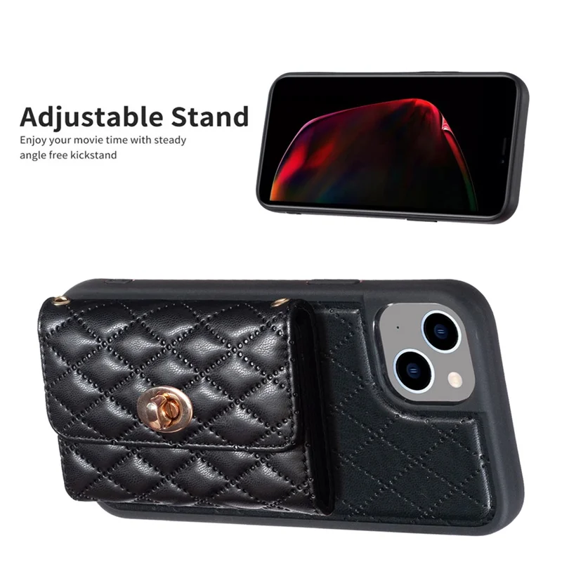 For iPhone 15 Plus PU Leather+TPU Card Slots Case Kickstand Protective Phone Cover - Black