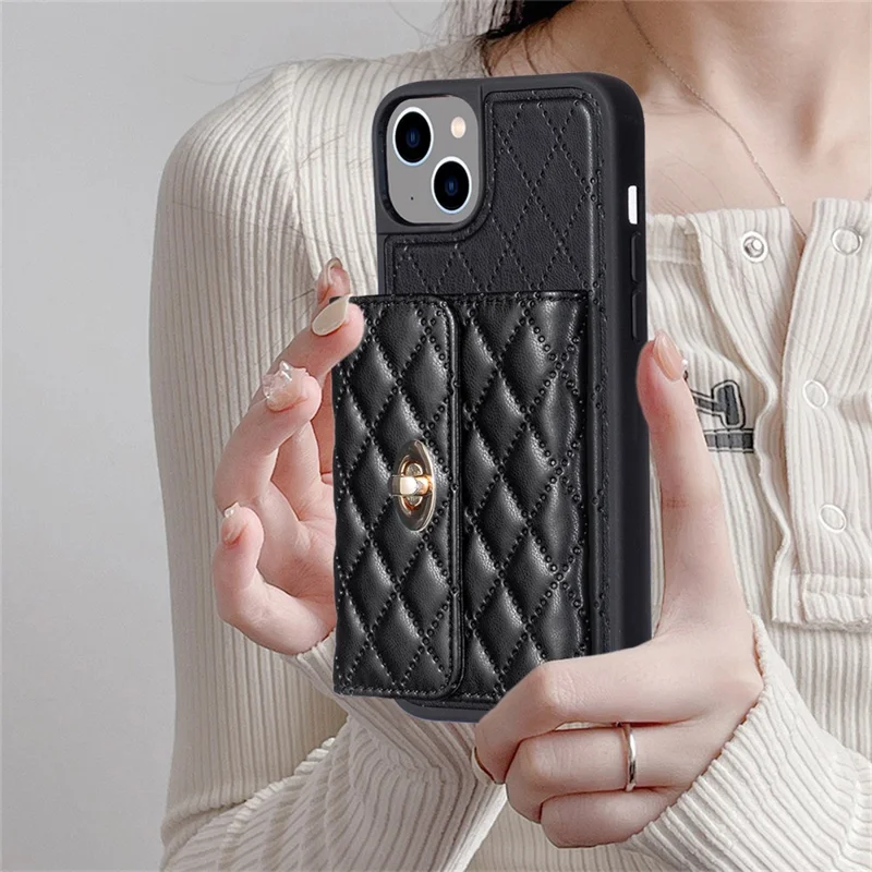 For iPhone 15 Plus PU Leather+TPU Card Slots Case Kickstand Protective Phone Cover - Black