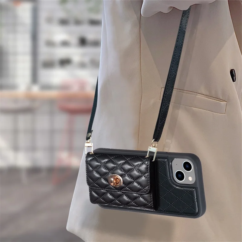 For iPhone 15 Plus PU Leather+TPU Card Slots Case Kickstand Protective Phone Cover - Black