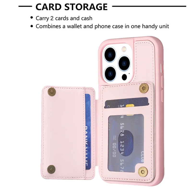 BF25 Phone Case for iPhone 15 Pro Max Drop-proof Card Holder Kickstand PU Leather Coated TPU Cover - Pink