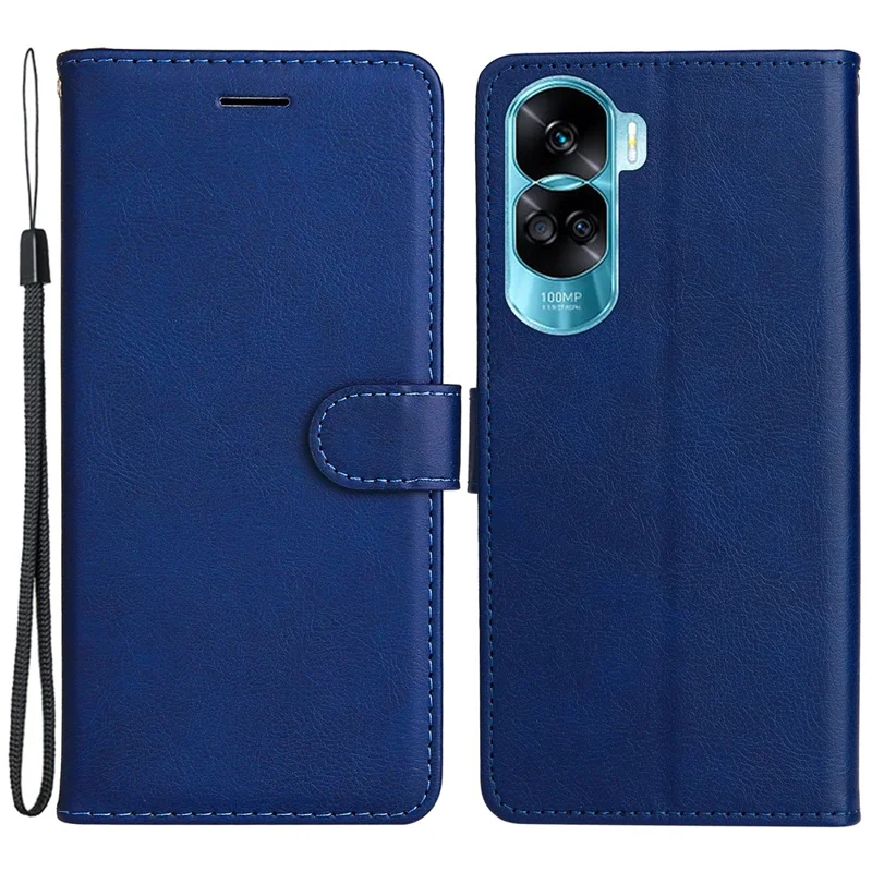 For Honor 90 Lite 5G / Honor X50i 5G Case Solid Color Leather Mobile Cover Wallet Stand with Strap - Blue