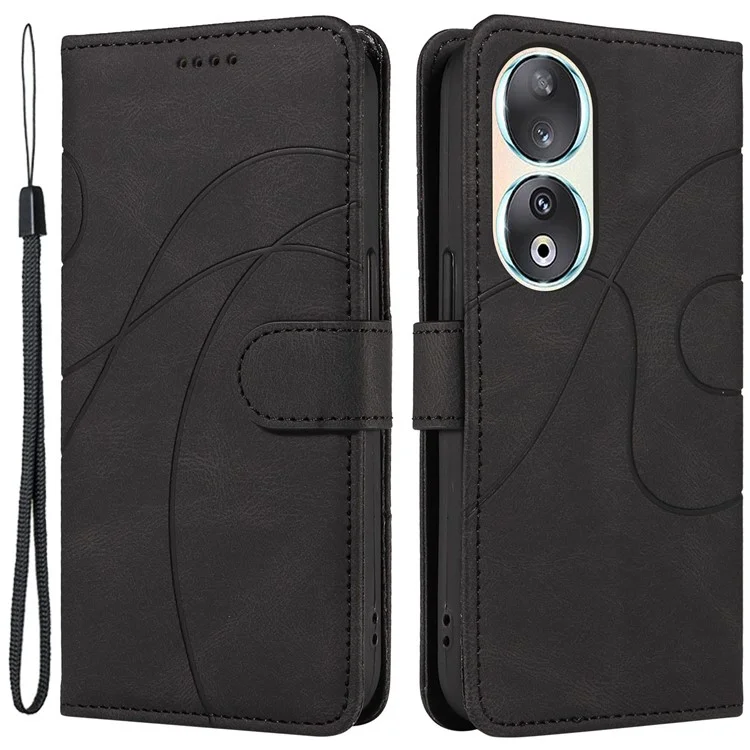 For Honor 90 Anti-Scratch PU Leather Shell Imprinted Curved Line Wallet Stand Cell Phone Case - Negra