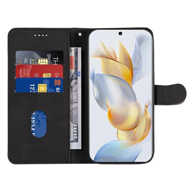 For Honor 90 Anti-Scratch PU Leather Shell Imprinted Curved Line Wallet Stand Cell Phone Case - Negra