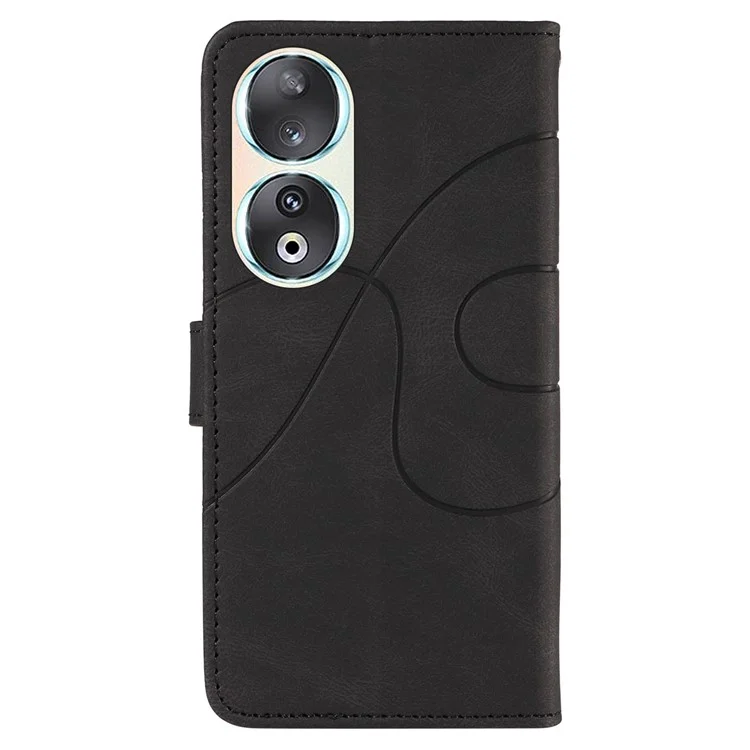 For Honor 90 Anti-Scratch PU Leather Shell Imprinted Curved Line Wallet Stand Cell Phone Case - Negra