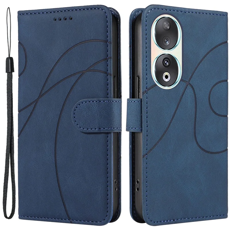 For Honor 90 Anti-Scratch PU Leather Shell Imprinted Curved Line Wallet Stand Cell Phone Case - Blue