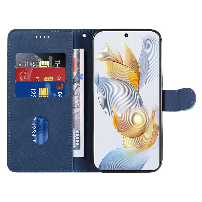 For Honor 90 Anti-Scratch PU Leather Shell Imprinted Curved Line Wallet Stand Cell Phone Case - Blue