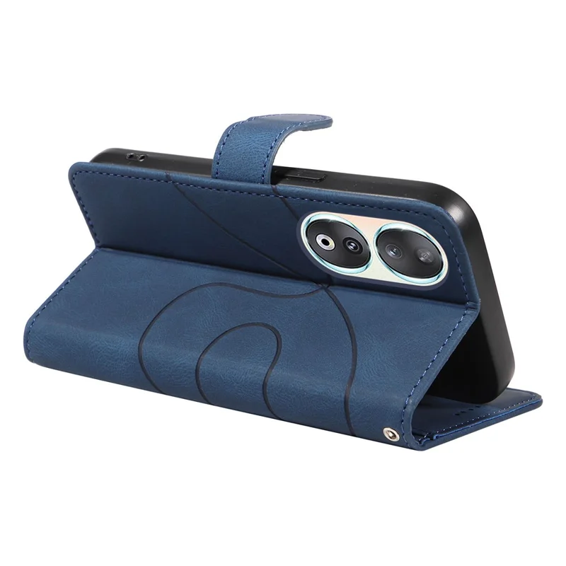 For Honor 90 Anti-Scratch PU Leather Shell Imprinted Curved Line Wallet Stand Cell Phone Case - Blue