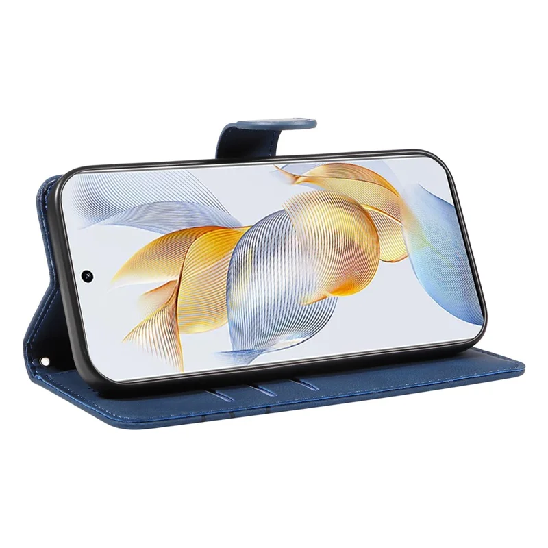 For Honor 90 Anti-Scratch PU Leather Shell Imprinted Curved Line Wallet Stand Cell Phone Case - Blue