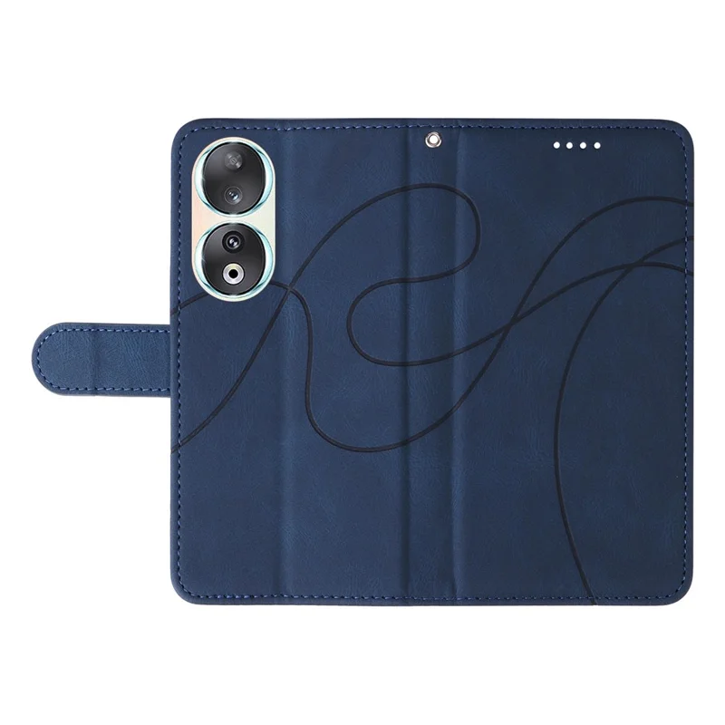 For Honor 90 Anti-Scratch PU Leather Shell Imprinted Curved Line Wallet Stand Cell Phone Case - Blue
