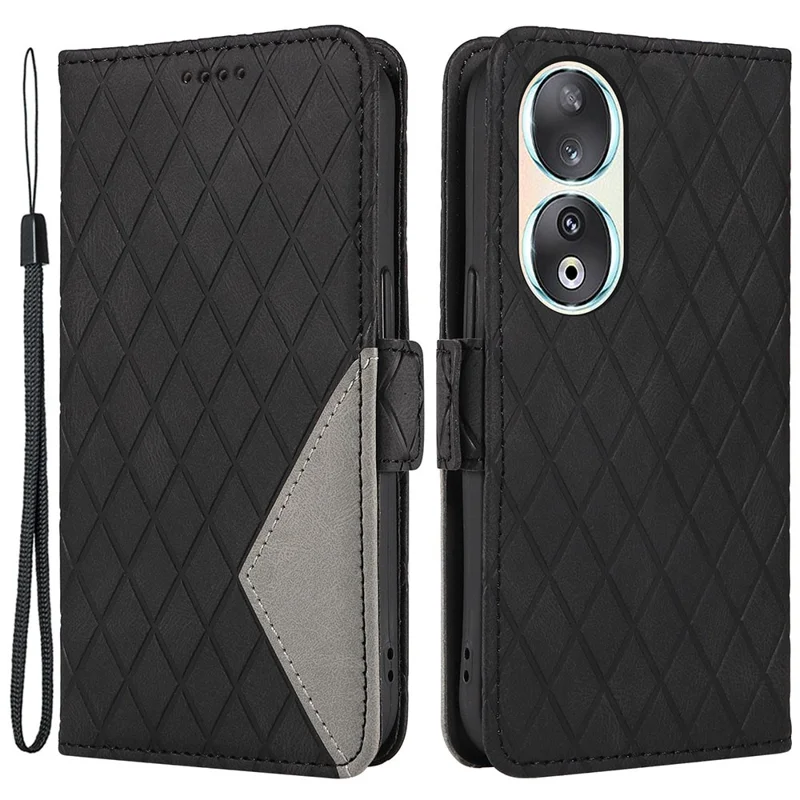 Pour Honor 90 Splicing PU Leather Phone Case Rhombus Imprinted Flip Stand Wallet Cover - Noir