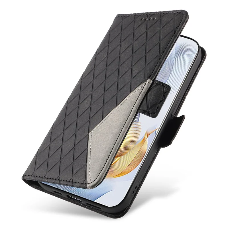 Pour Honor 90 Splicing PU Leather Phone Case Rhombus Imprinted Flip Stand Wallet Cover - Noir