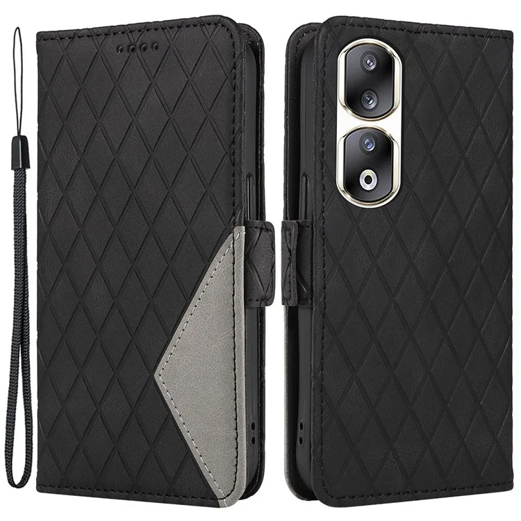 Para Honor 90 Pro Rhombus Imprinted Cover Splicing Leather Stand Wallet Phone Case - Black