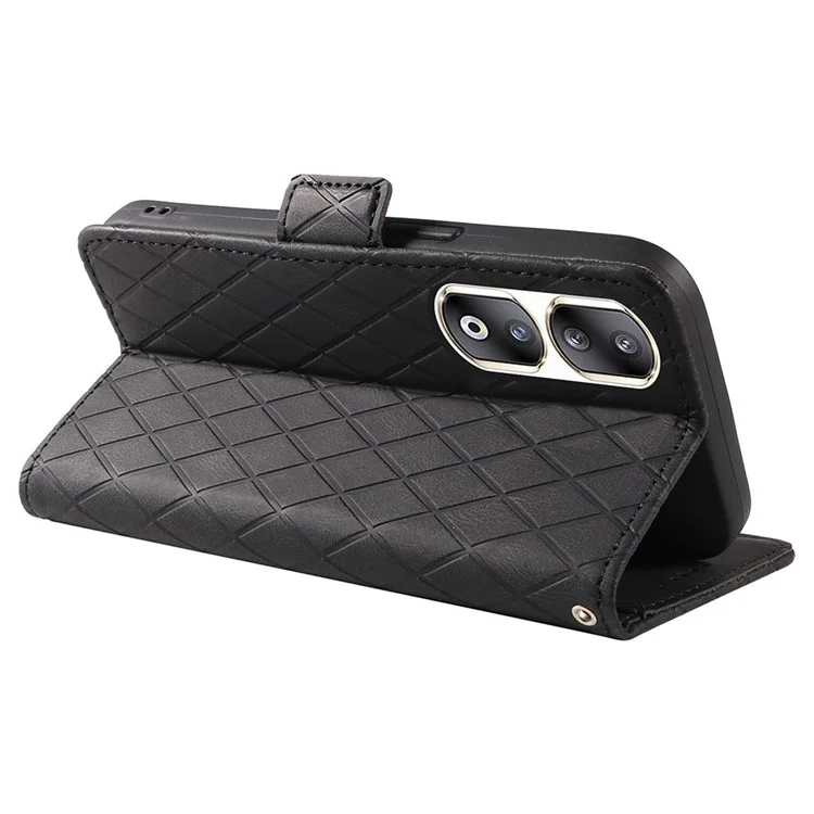 Para Honor 90 Pro Rhombus Imprinted Cover Splicing Leather Stand Wallet Phone Case - Black
