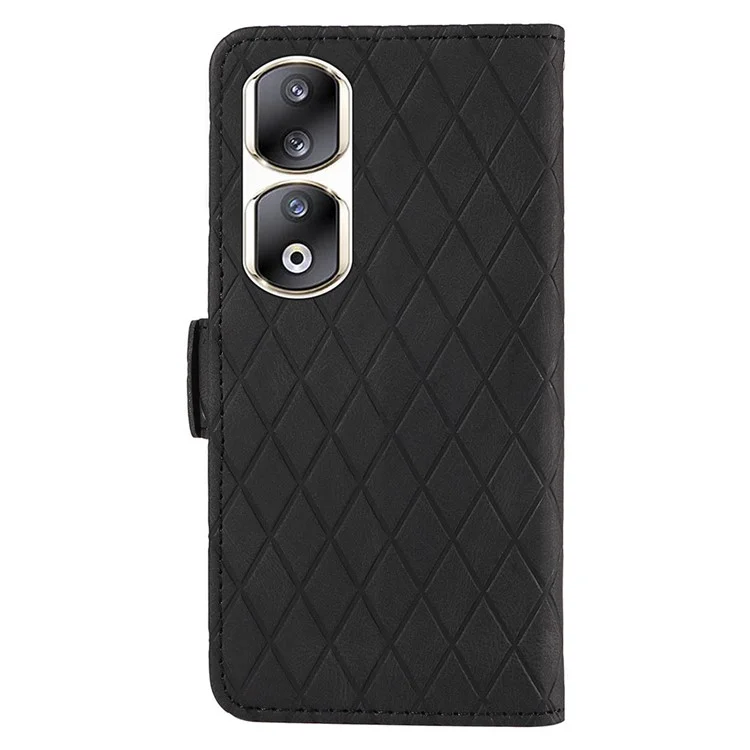 Para Honor 90 Pro Rhombus Imprinted Cover Splicing Leather Stand Wallet Phone Case - Black