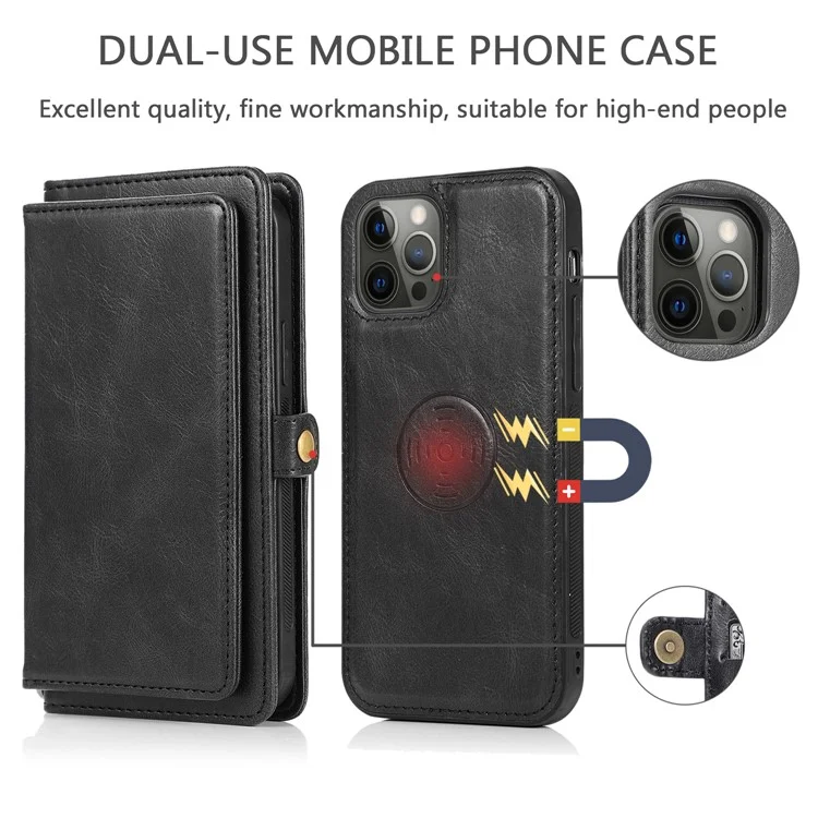 Per iPhone 13 Pro Max 6.7 pollici TPU+PU Pelle Anti-caduta Custodia per Telefono Magnetica Staccabile 2-in-1 Custodia Portafoglio - Nero