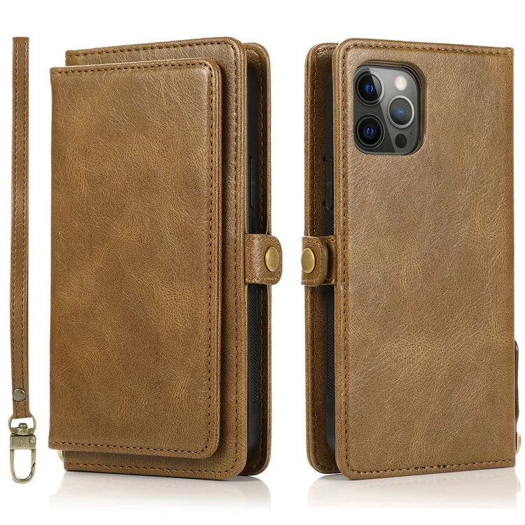 Shockproof Case for iPhone 13 Pro 6.1 inch Detachable 2-in-1 TPU+PU Leather Flip Cover Wallet Phone Case - Brown