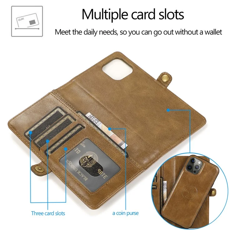 Shockproof Case for iPhone 13 Pro 6.1 inch Detachable 2-in-1 TPU+PU Leather Flip Cover Wallet Phone Case - Brown