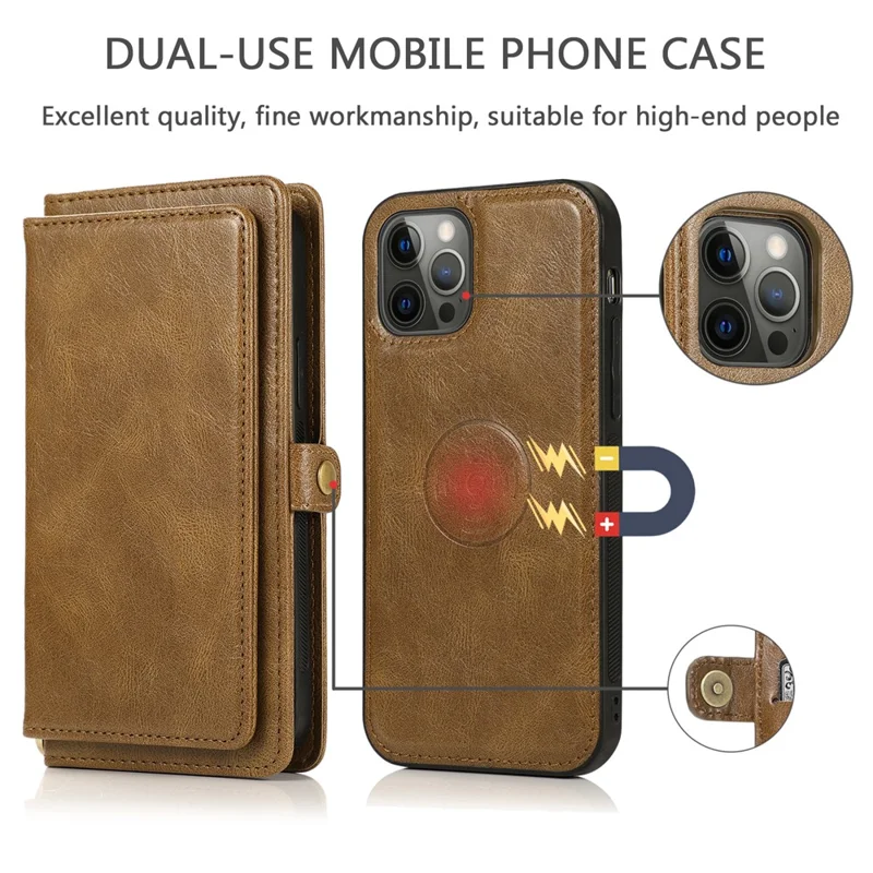 Shockproof Case for iPhone 13 Pro 6.1 inch Detachable 2-in-1 TPU+PU Leather Flip Cover Wallet Phone Case - Brown