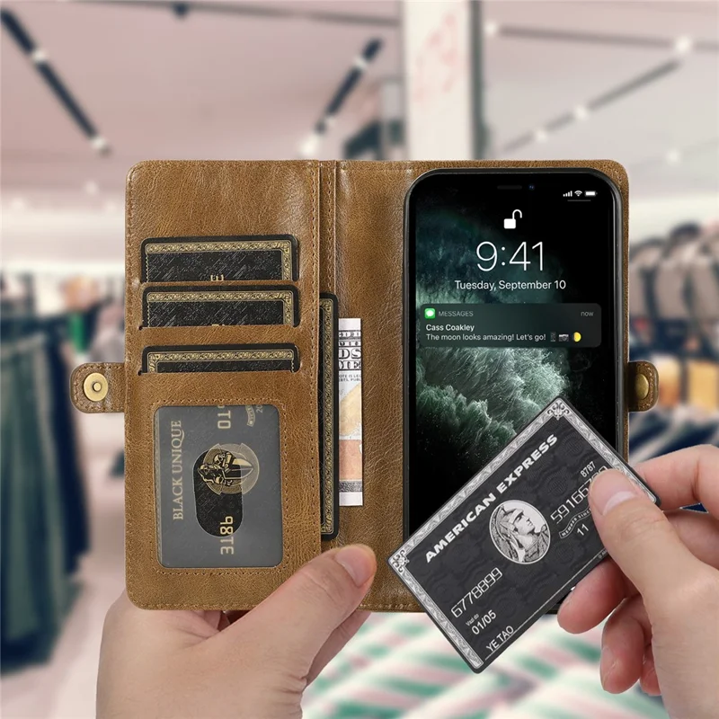 Shockproof Case for iPhone 13 Pro 6.1 inch Detachable 2-in-1 TPU+PU Leather Flip Cover Wallet Phone Case - Brown