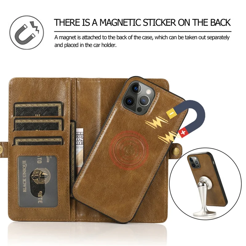 Shockproof Case for iPhone 13 Pro 6.1 inch Detachable 2-in-1 TPU+PU Leather Flip Cover Wallet Phone Case - Brown